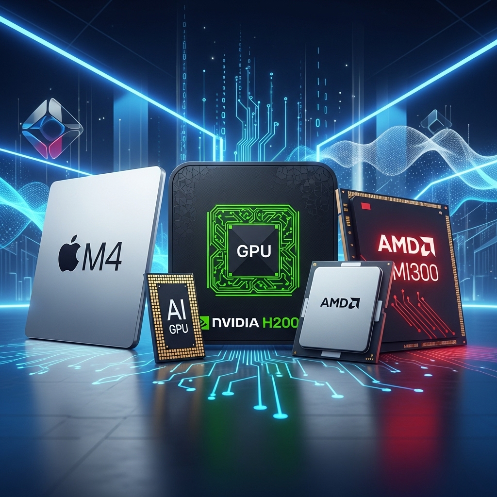 Modern AI hardware chips including Apple M4, NVIDIA H200, and AMD MI300 processors representing the 2025 AI hardware revolution