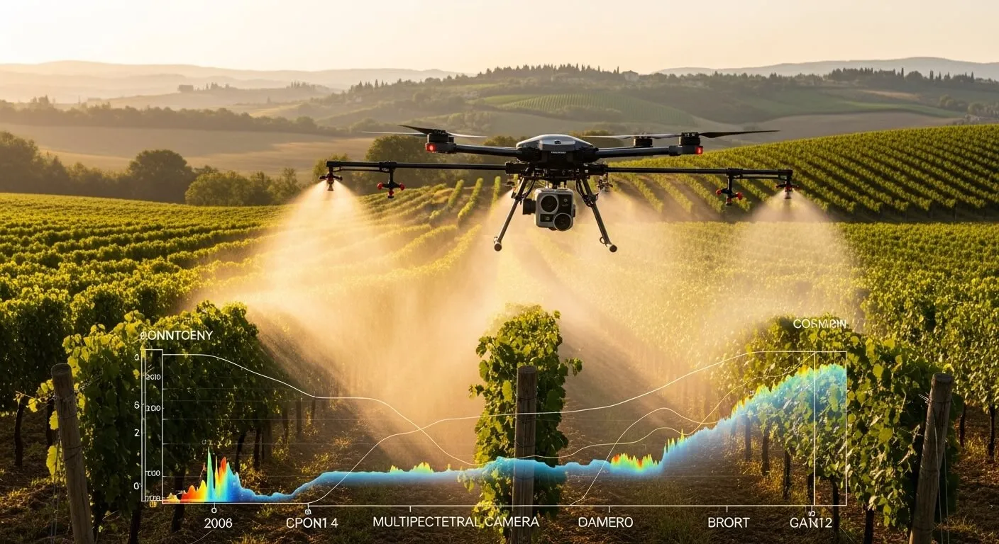 Agricultural drone in action over vineyard