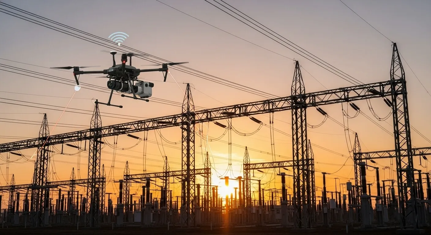 Drone with thermal camera inspecting power lines